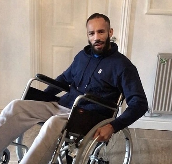 James Ellington in a wheelchair after a motorbike accident